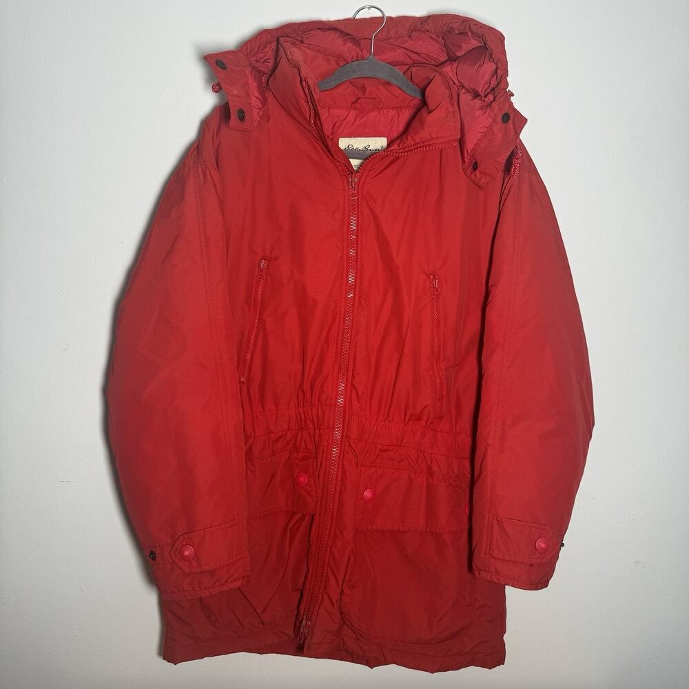 EDDIE BAUER White Tag 90s Down Jacket Women’s Large Red Removable Hood Parka - Picture 3 of 11